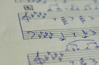 The page with hand-written notes for a piano close up